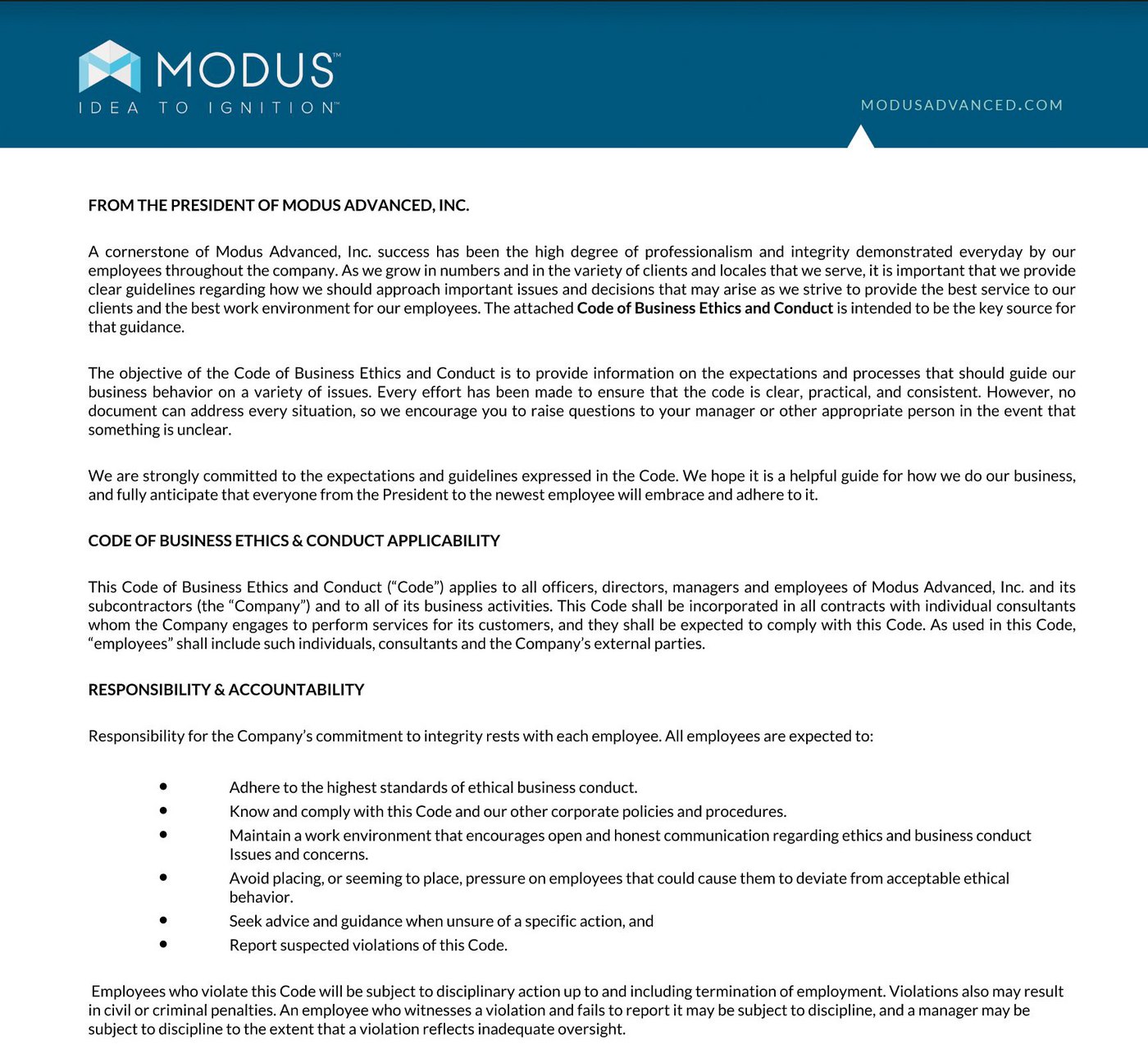 Modus Advanced, Inc. Ethics Policy